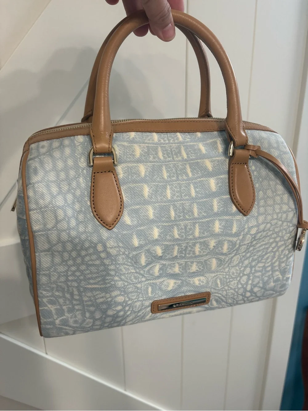 Brahmin Denim Light Blue Croc-Print Satchel Tote with Tan Trim HTF!